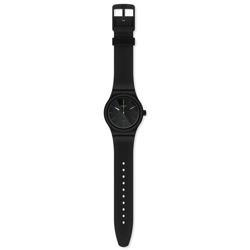Montre Swatch mixte plastique et silicone noir biosourcé - vue D1