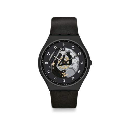 Montre Swatch mixte acier cuir noir