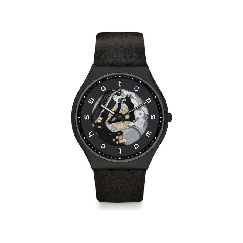Montre Swatch mixte acier cuir noir - vue 1