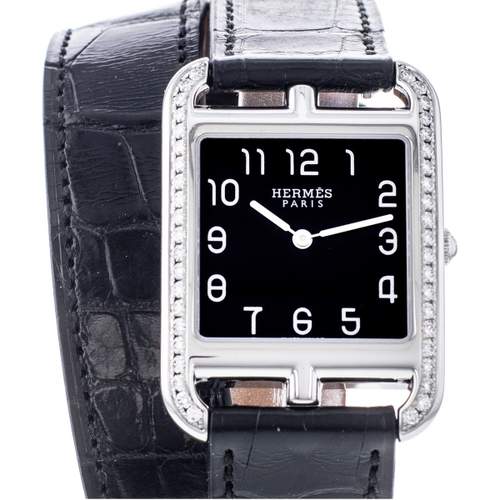 Montre d'occasion Hermès Cape Cod femme acier bracelet cuir noir
