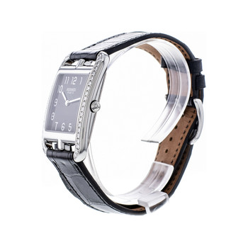 Tweedehands Hermès Cape Cod dameshorloge van roestvrij staal met zwarte leren band