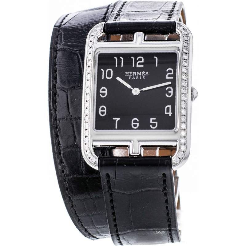 Montre d'occasion Hermès Cape Cod femme acier bracelet cuir noir - vue D1