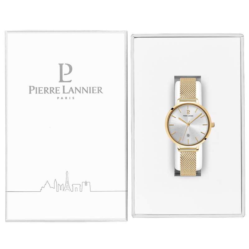 Montre Pierre Lannier femme acier doré jaune maille milanaise - vue D2