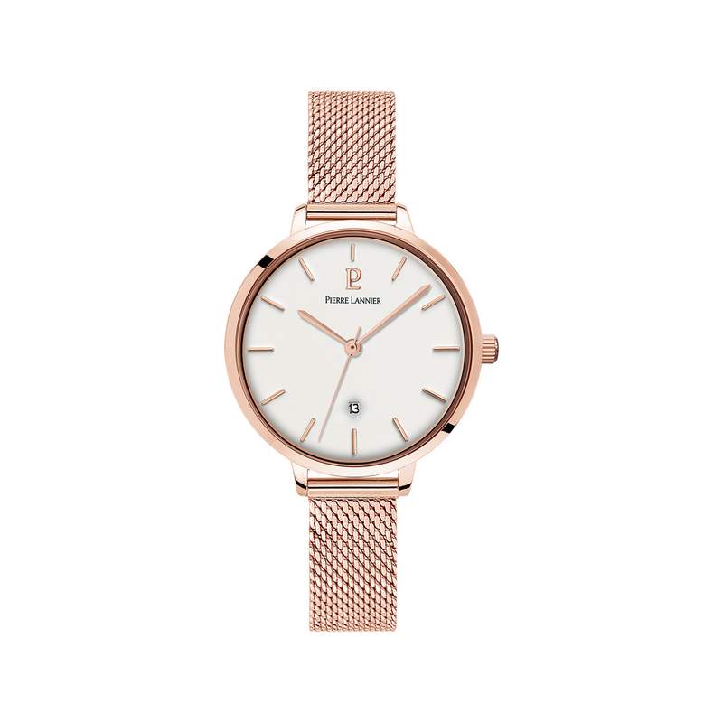 Montre Pierre Lannier femme acier doré rose bracelet maille milanaise - vue 1