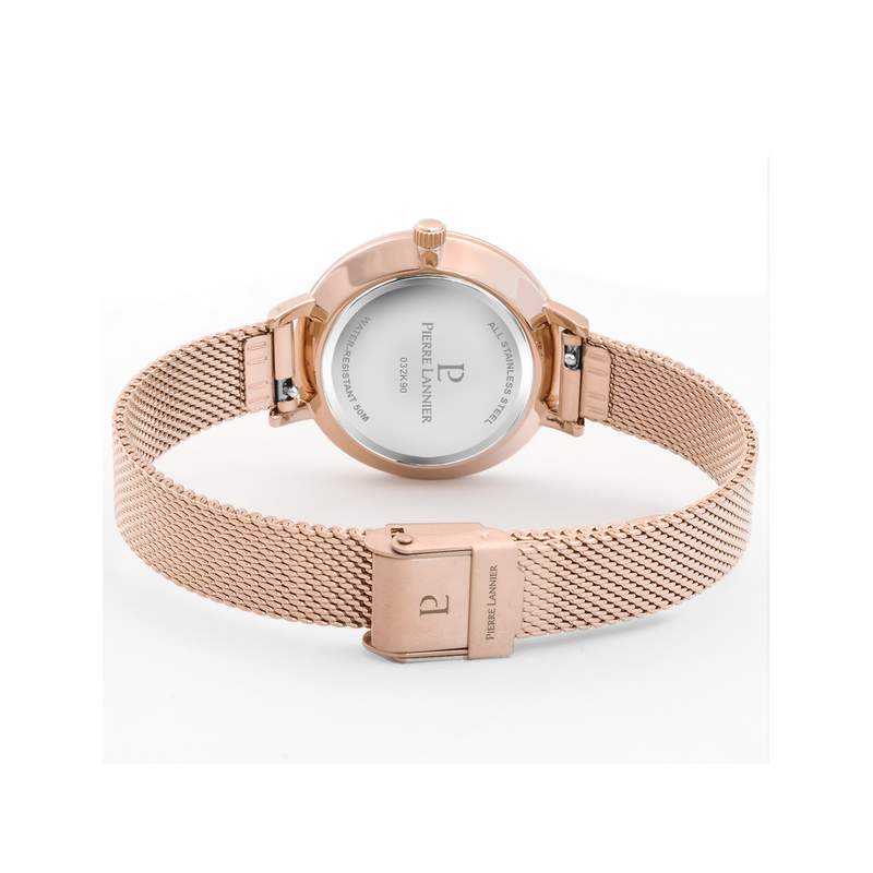 Montre Pierre Lannier femme acier doré rose bracelet maille milanaise - vue 3