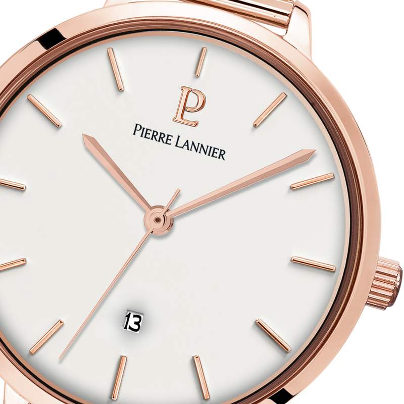 Montre Pierre Lannier femme acier doré rose bracelet maille milanaise - vue D1