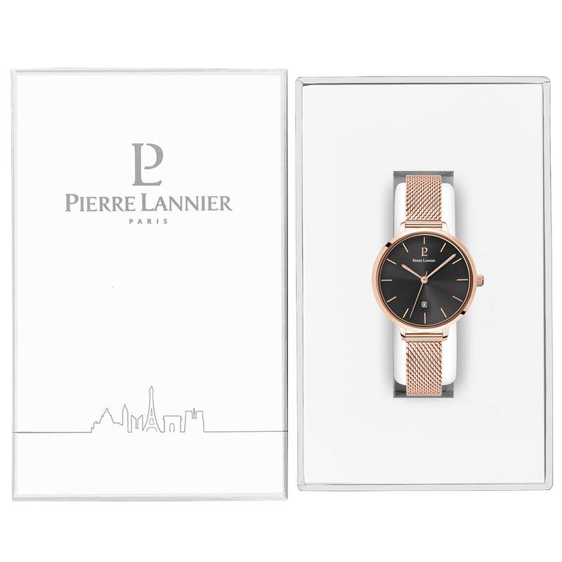 Montre Pierre Lannier femme acier doré rose bracelet maille milanaise - vue D2