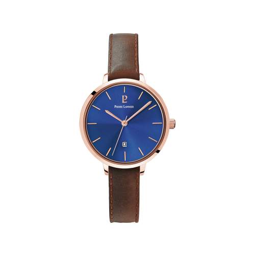 Montre Pierre Lannier femme acier doré rose bracelet cuir marron