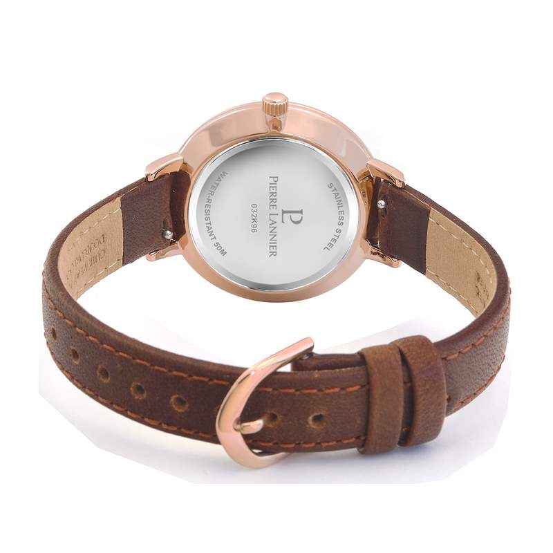 Montre Pierre Lannier femme acier doré rose bracelet cuir marron - vue 3