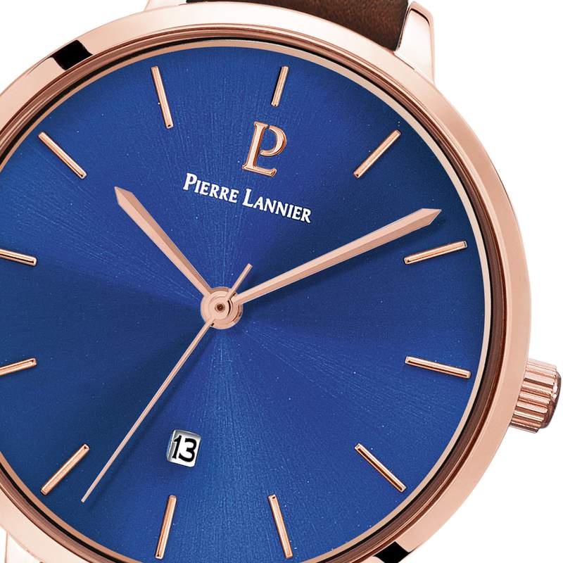 Montre Pierre Lannier femme acier doré rose bracelet cuir marron - vue D1