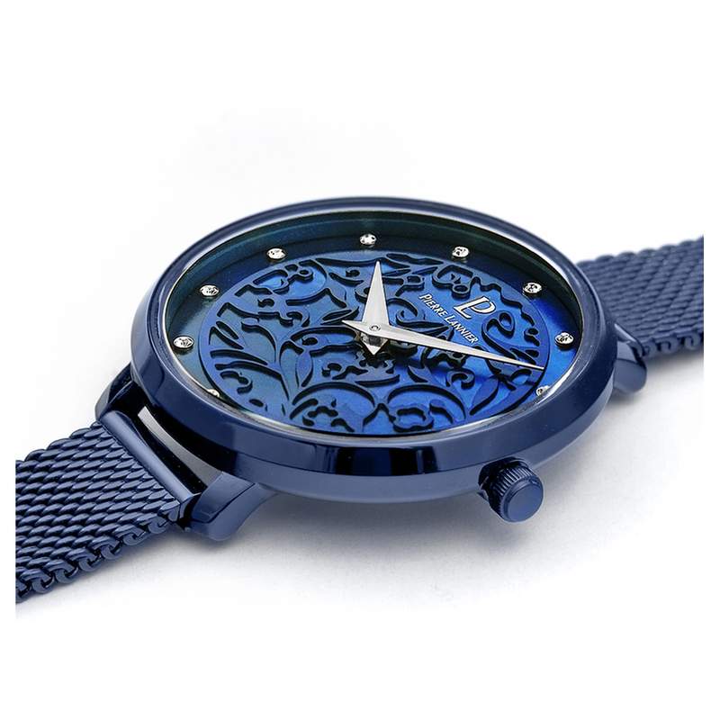 Montre Pierre Lannier femme acier doré rose bracelet acier bleu maille milanaise - vue 2