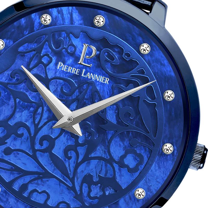 Montre Pierre Lannier femme acier doré rose bracelet acier bleu maille milanaise - vue D1