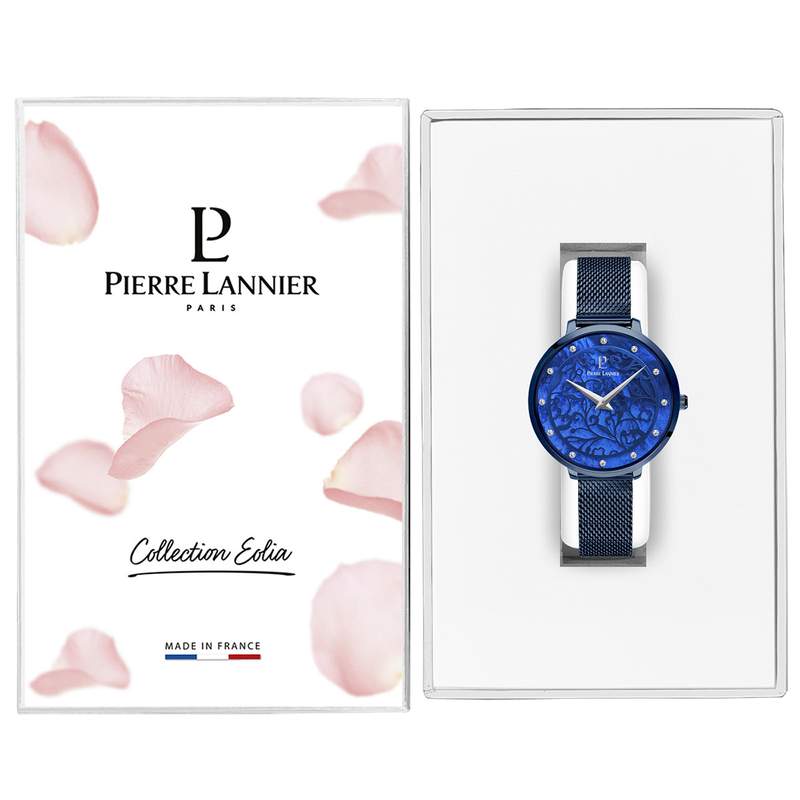 Montre Pierre Lannier femme acier doré rose bracelet acier bleu maille milanaise - vue D2