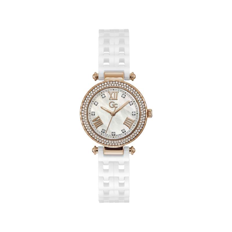 Montre Guess Co femme acier doré rose bracelet céramique blanc - vue 1