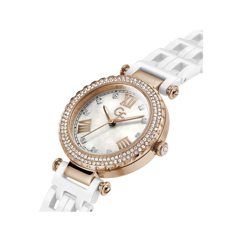 Montre Guess Co femme acier doré rose bracelet céramique blanc - vue 2