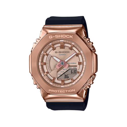 G-SHOCK ladies' watch in pink gold-plated steel with black resin bracelet