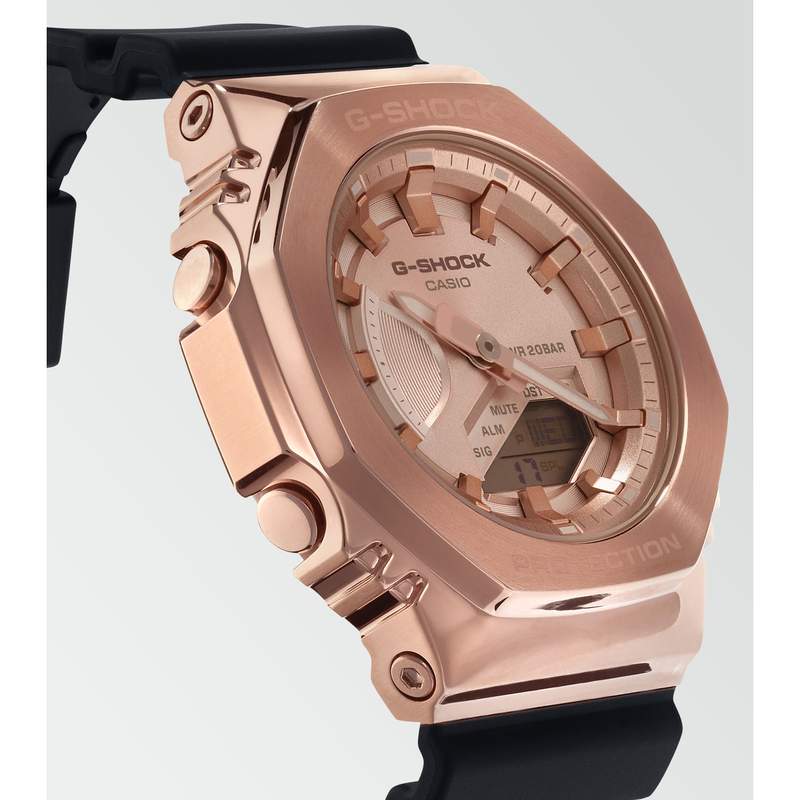 Montre G-SHOCK femme acier doré rose bracelet résine noire - vue D1