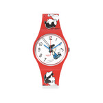 Montre Swatch mixte matériaux biosourcés rouges motif Peanuts - vue 1