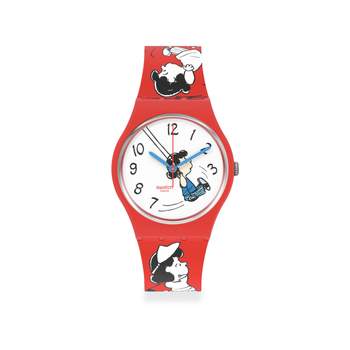 Swatch horloge voor dames en heren, rode biobased materialen, Peanuts-motief
