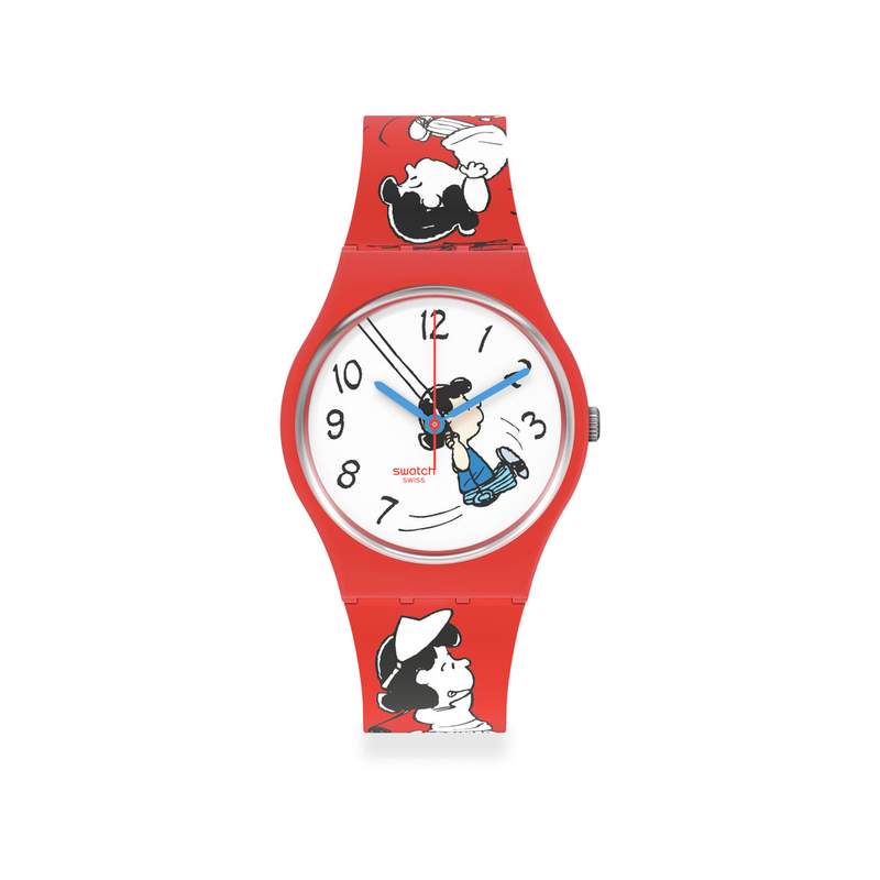 Montre Swatch mixte matériaux biosourcés rouges motif Peanuts - vue 1