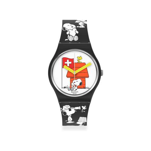 Montre Swatch mixte matériaux biosourcés noirs motifs Peanuts