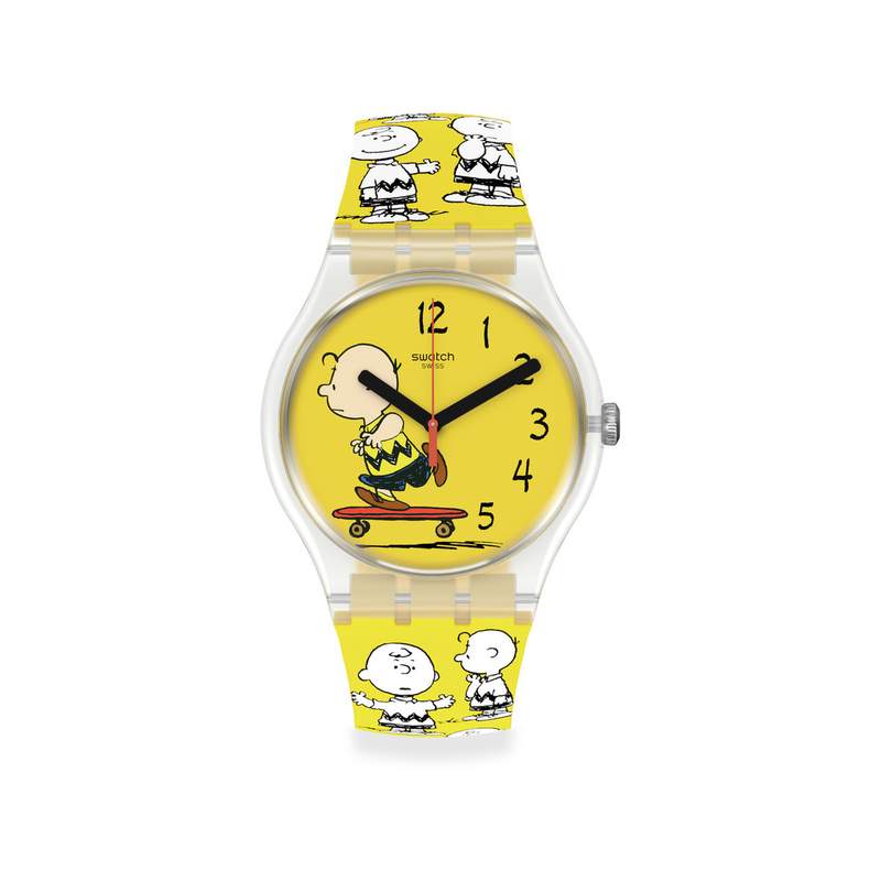 Montre Swatch mixte matériaux biosourcés jaunes motif Peanuts - vue 1