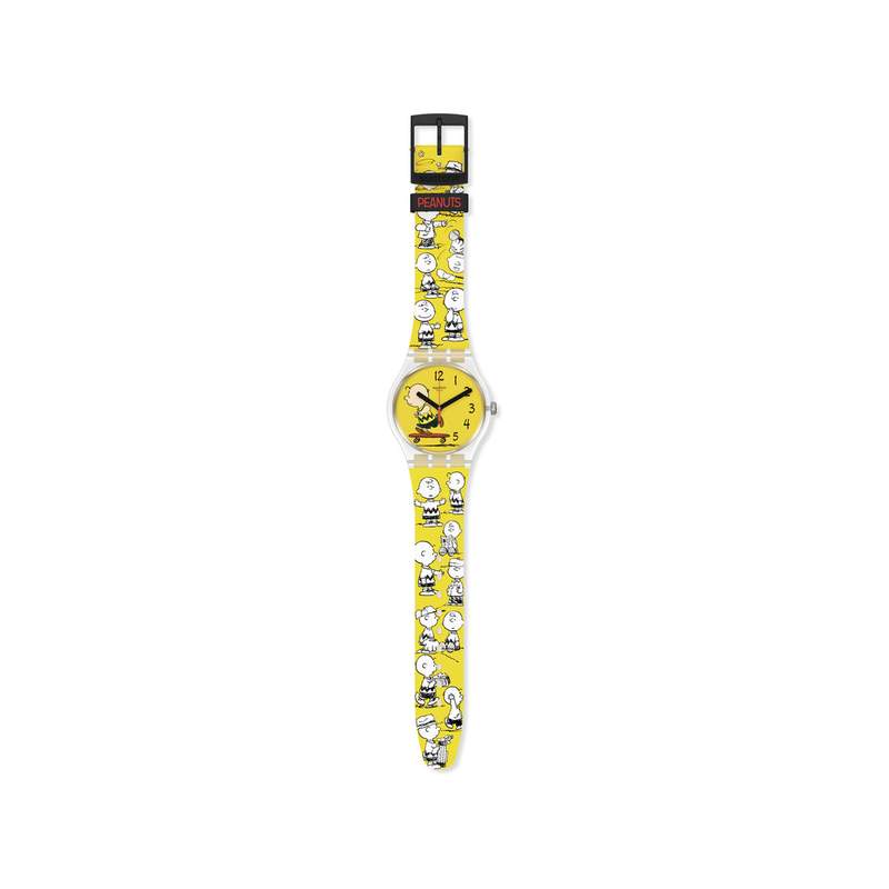 Montre Swatch mixte matériaux biosourcés jaunes motif Peanuts - vue 3