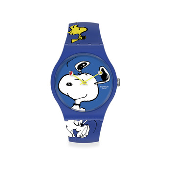 Montre Swatch mixte matériaux biosourcés bleus motif personnages Peanuts