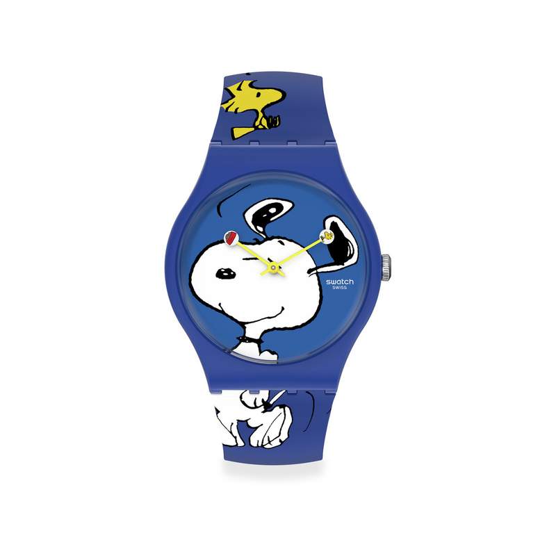 Montre Swatch mixte matériaux biosourcés bleus motif personnages Peanuts - vue 1
