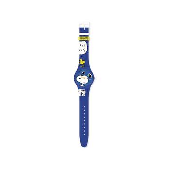 Swatch-horloge voor dames en heren van blauwe, biologisch afbreekbare materialen met Peanuts-figuren