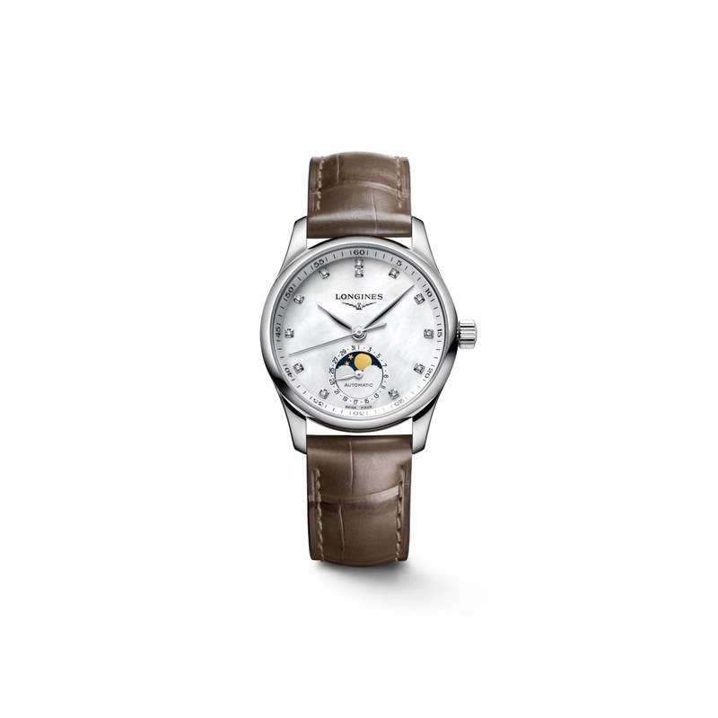 Montre Longines femme automatique acier bracelet cuir taupe - vue 1