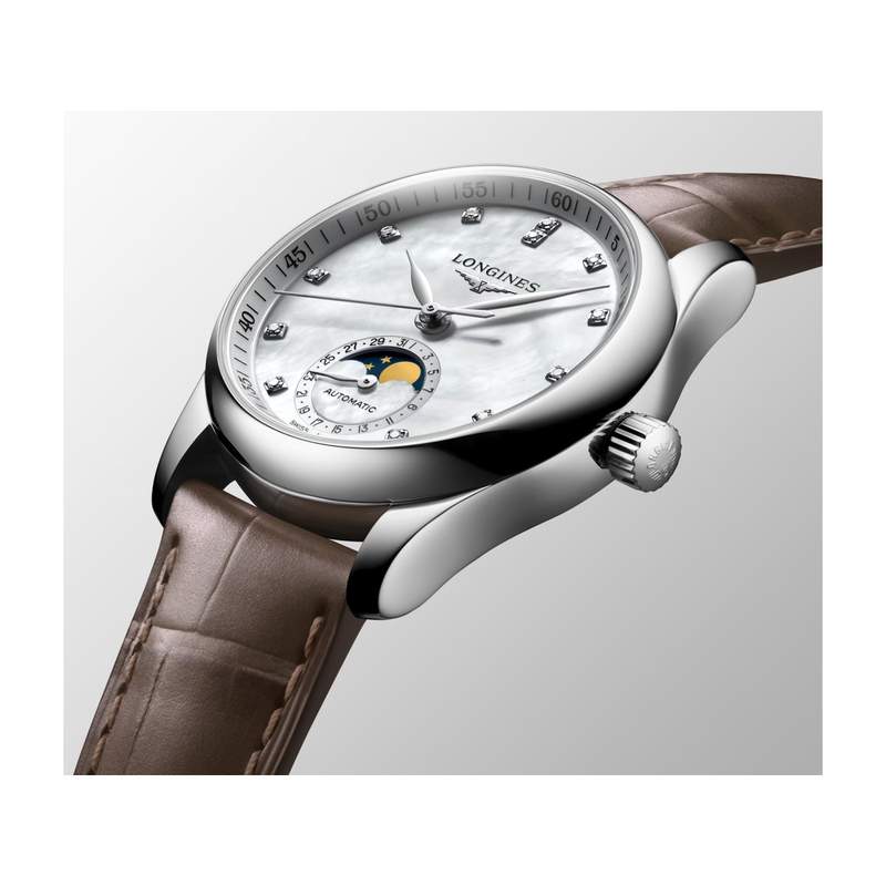 Montre Longines femme automatique acier bracelet cuir taupe - vue 2