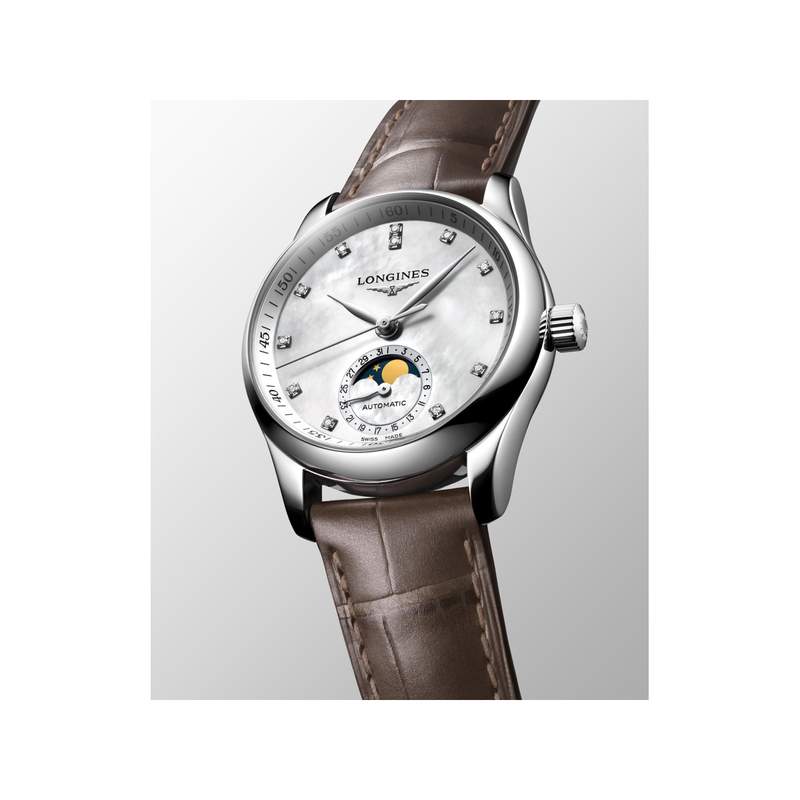 Montre Longines femme automatique acier bracelet cuir taupe - vue D4