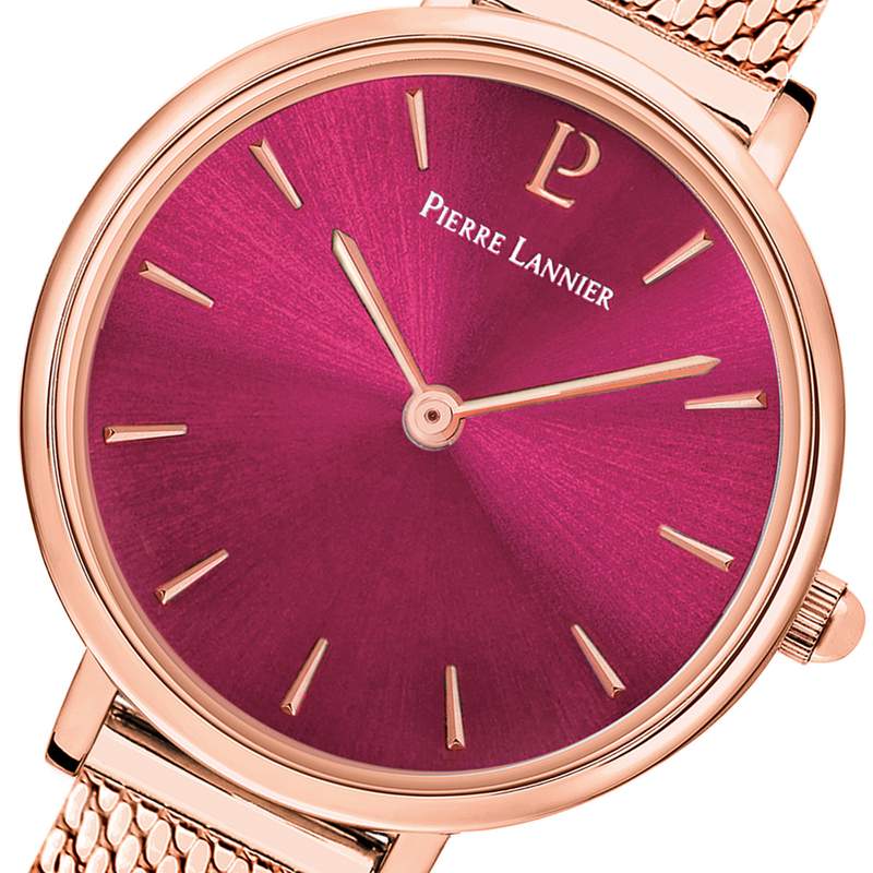 Montre Pierre Lannier femme acier doré rose maille milanaise - vue D1