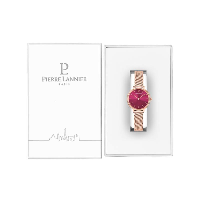 Montre Pierre Lannier femme acier doré rose maille milanaise - vue D2