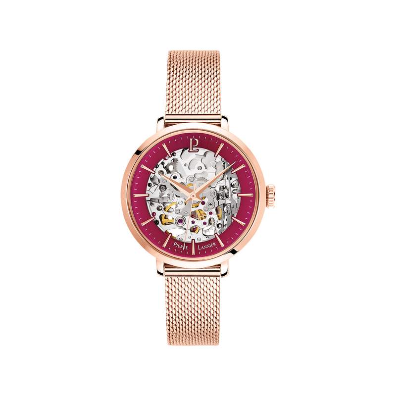 Montre Pierre Lannier femme automatique acier doré rose maille milanaise - vue 1