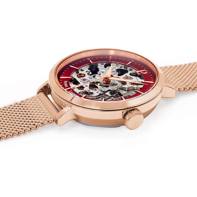 Montre Pierre Lannier femme automatique acier doré rose maille milanaise - vue 2