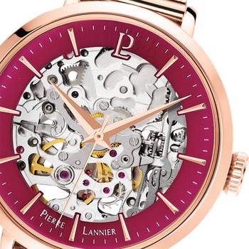 Montre Pierre Lannier femme automatique acier doré rose maille milanaise