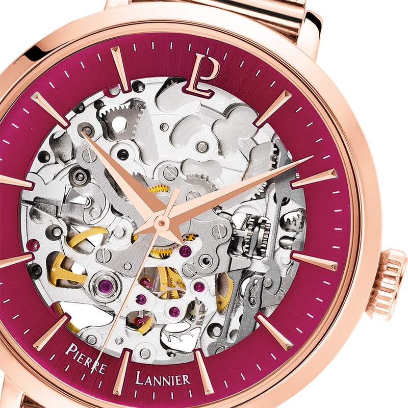 Montre Pierre Lannier femme automatique acier doré rose maille milanaise - vue D1