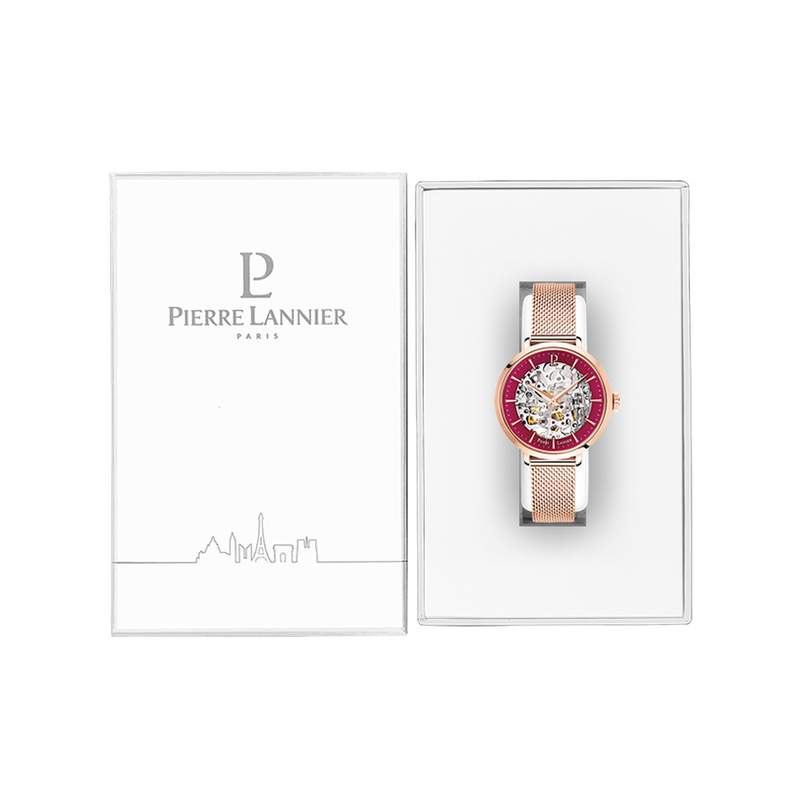 Montre Pierre Lannier femme automatique acier doré rose maille milanaise - vue D2