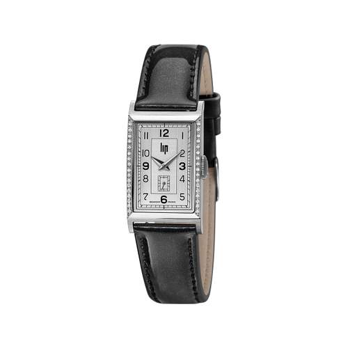 Lip women's stainless steel watch with black leather strap