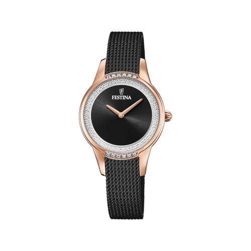 Festina women's stainless steel rose gold bracelet black steel Milanese mesh