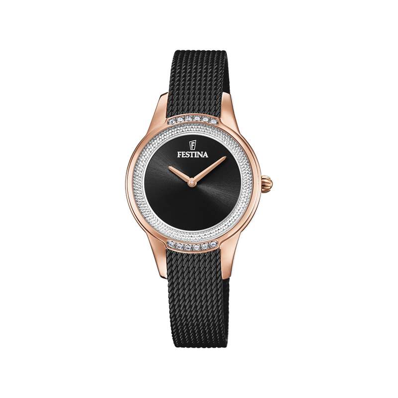 Montre Festina femme acier doré rose bracelet acier noir maille milanaise - vue 1