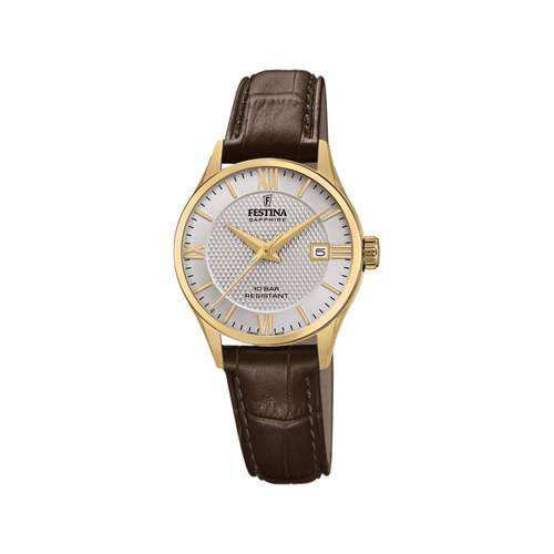 Festina vrouw stalen geelgouden lederen band bruin