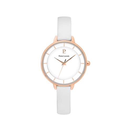Montre PIERRE LANNIER femme acier doré rose bracelet cuir blanc