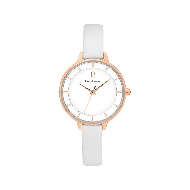 Montre PIERRE LANNIER femme acier doré rose bracelet cuir blanc - vue 1