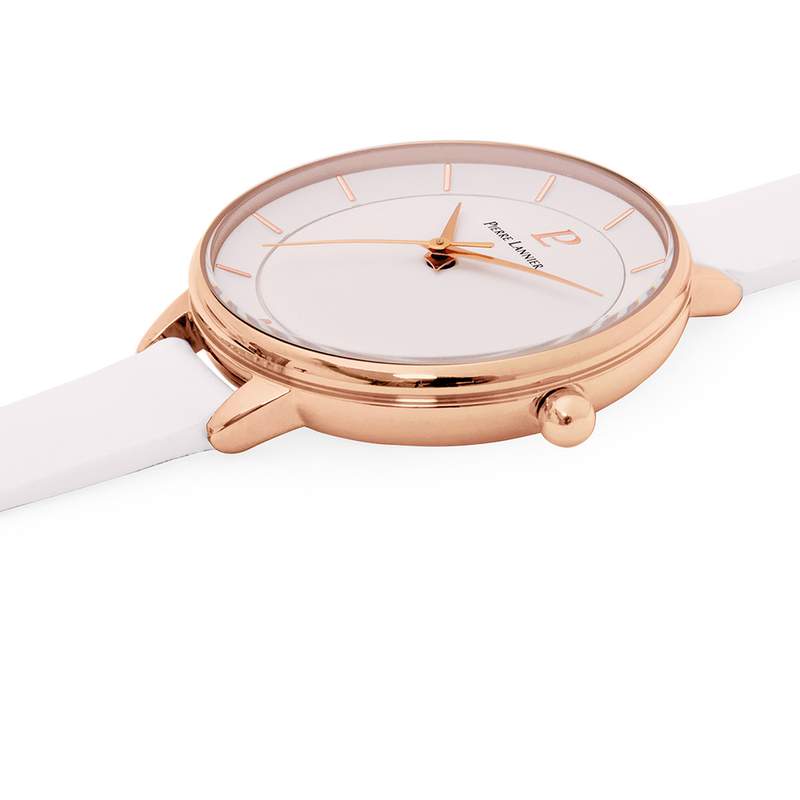 Montre PIERRE LANNIER femme acier doré rose bracelet cuir blanc - vue 2