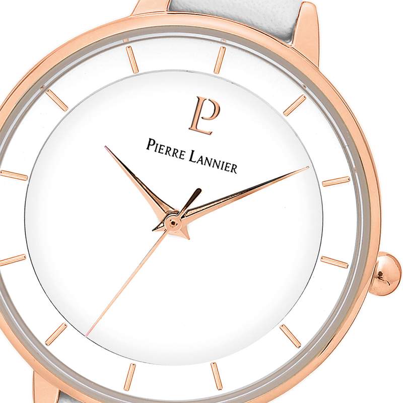 Montre PIERRE LANNIER femme acier doré rose bracelet cuir blanc - vue D1