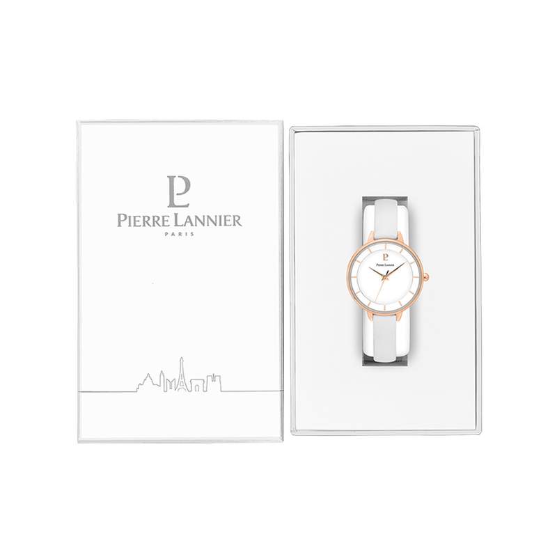 Montre PIERRE LANNIER femme acier doré rose bracelet cuir blanc - vue D2