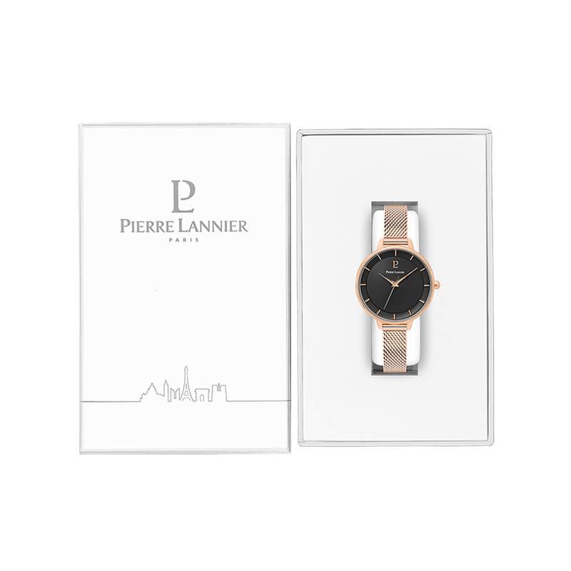 Montre PIERRE LANNIER femme bracelet acier doré rose maille milanaise - vue D2